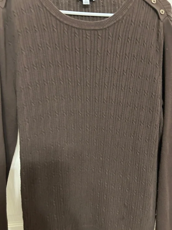 Kim Rogers Chocolate Brown Cotton Cable Knit Button Shoulder Crewneck Sweater L - Picture 5 of 15